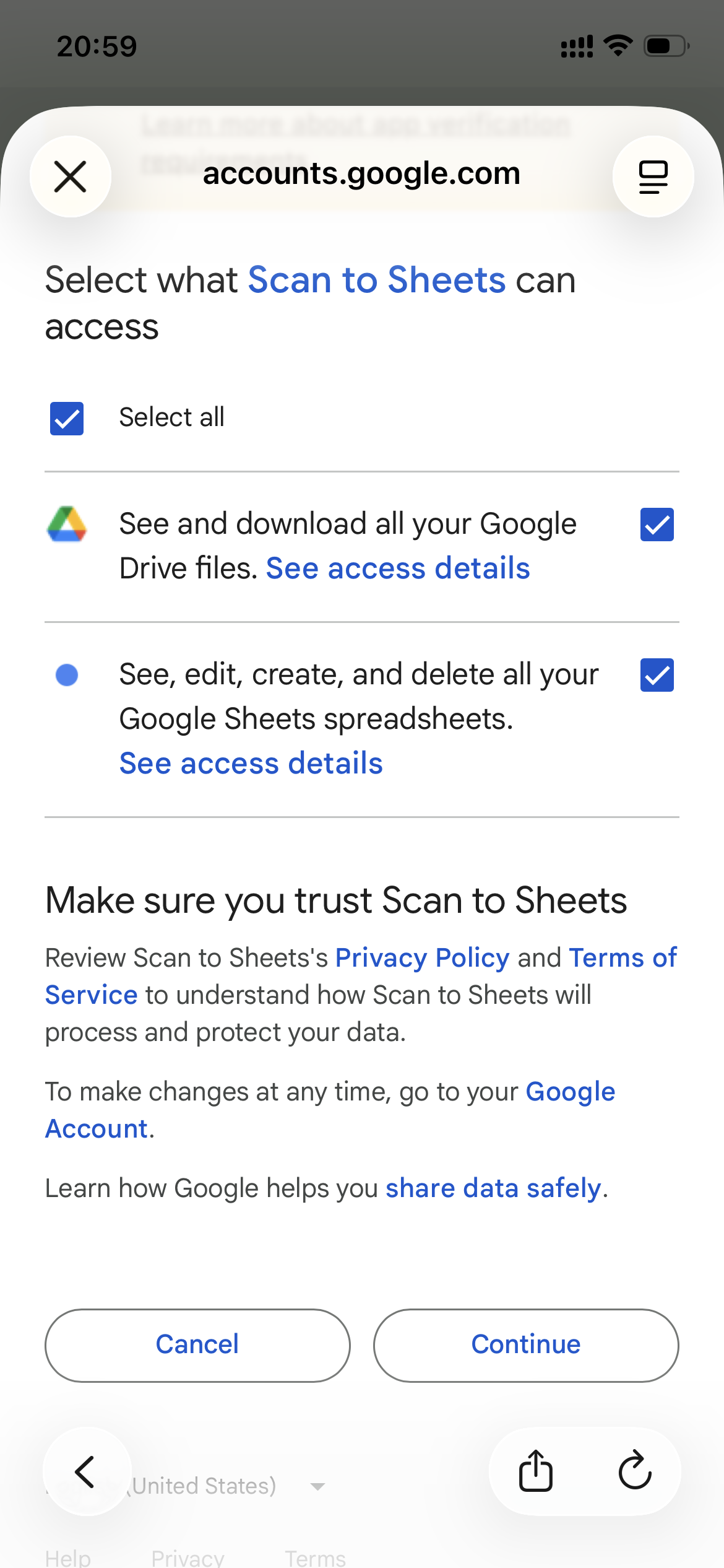 Google permission screen asking Scan to Sheets for Google Drive and Google Sheets access
