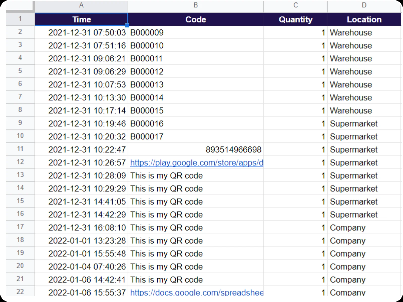 Spreadsheet with scanned time, code, quantity, and location columns