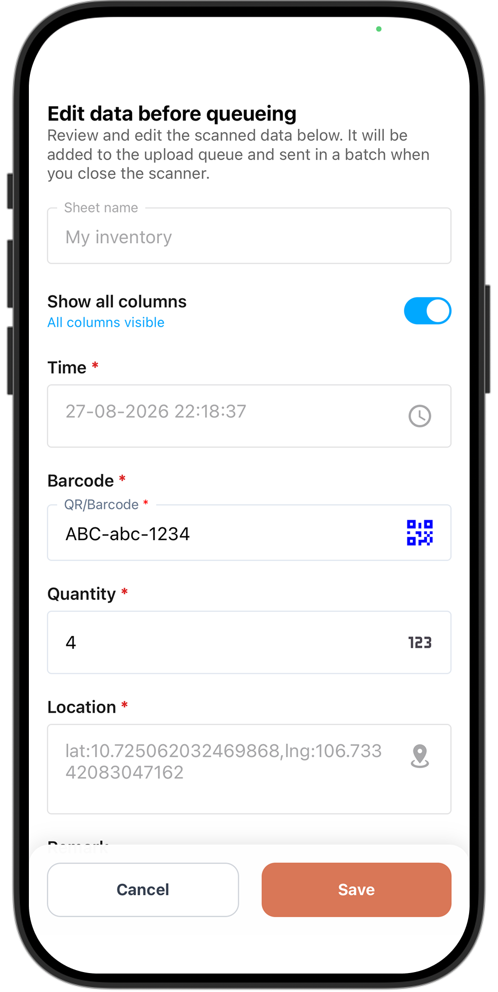 Custom scan details form for reviewing captured barcode data