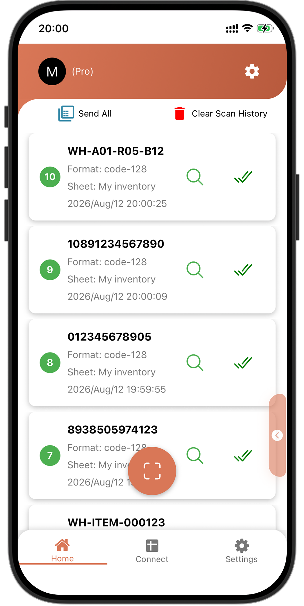Scan to Sheets home screen with scanned barcodes ready to send