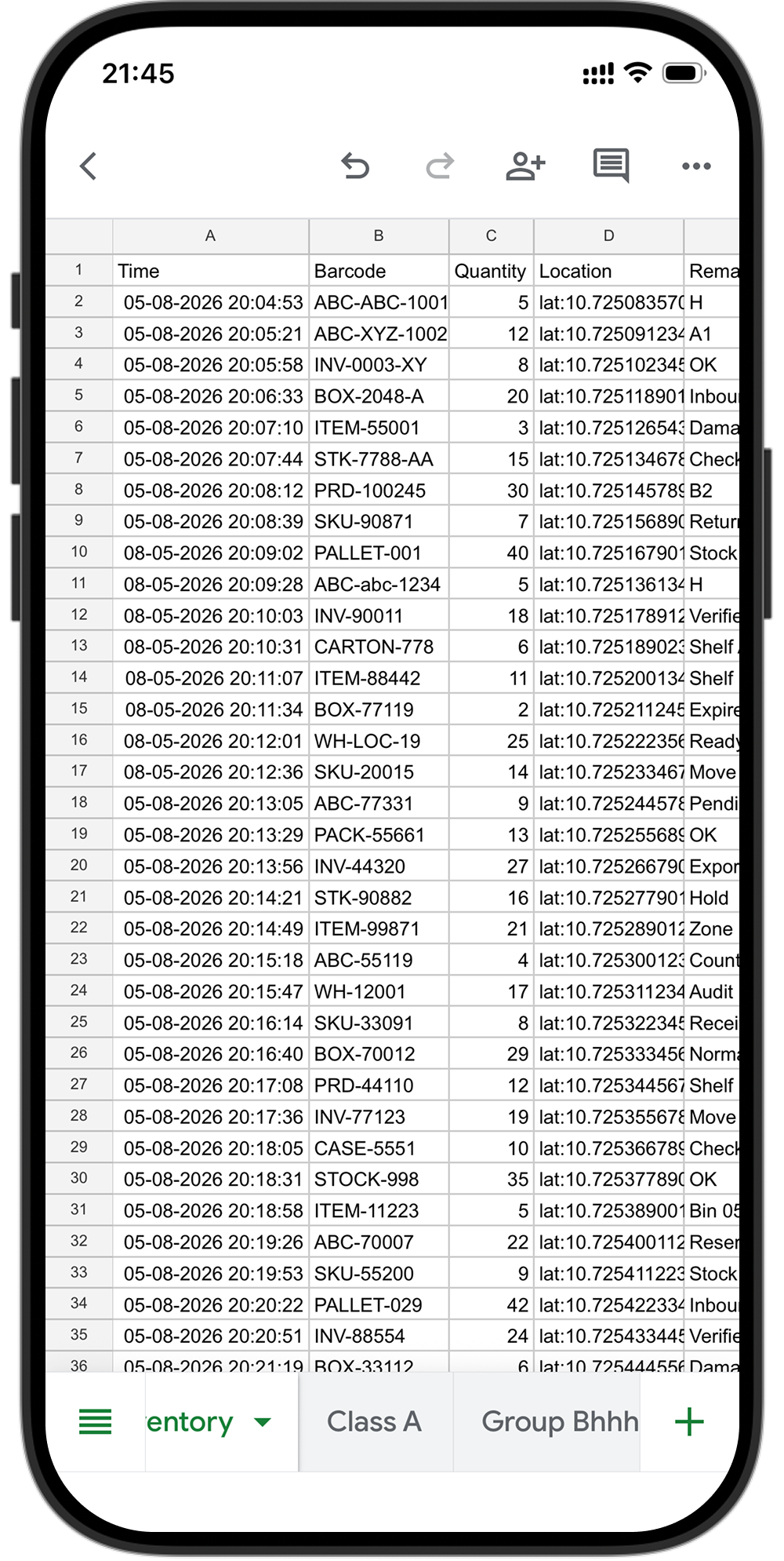 Mobile sheet configuration pointing at Google Sheets
