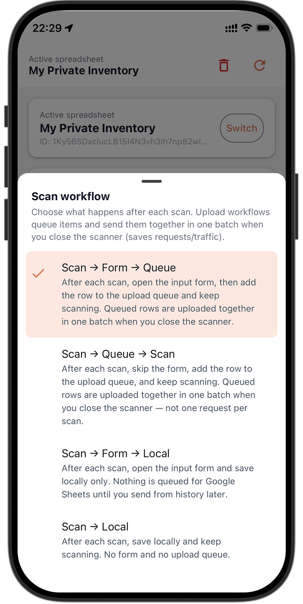 Connect screen with Google Sheets worksheets configured in the app